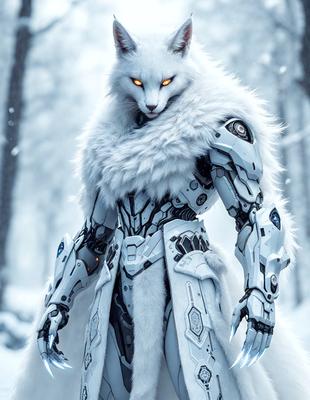 The primary subject of the image is a white fox with glowing eyes, wearing a white coat and standing in a snowy environment. The setting includes a forest in the background, and the visual style appears to be a combination of photo and digital art. The colors in the image are predominantly white, giving it a clean and cold atmosphere.